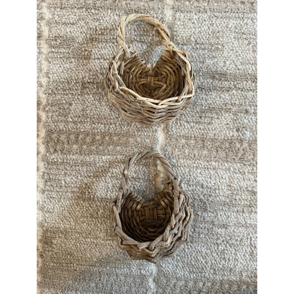 Vintage Mini Woven Hanging Baskets Set of 2 Rustic Primitive Farmhouse Decor